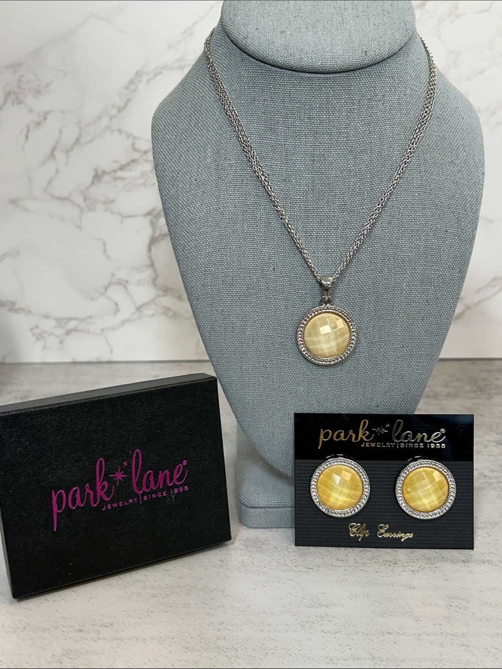 Park Lane Yellow Faceted Faux Stone Pendant Necklace and Clip-On Earrings Set
